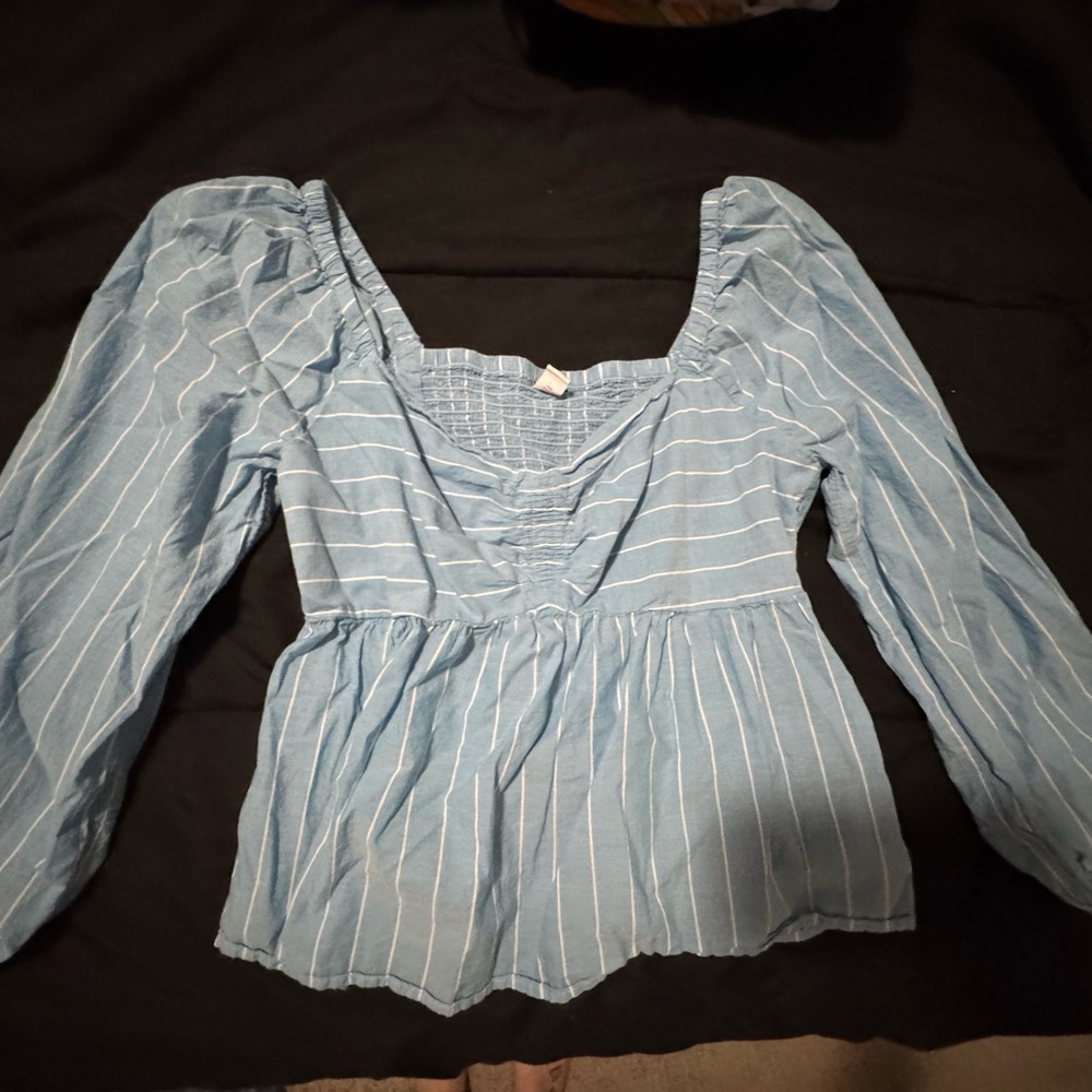 Old Navy Light Blue Striped Peplum Blouse